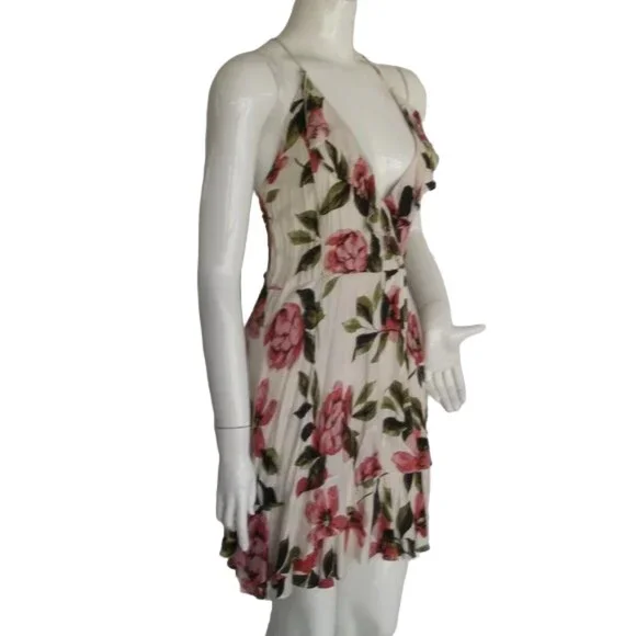 new OLIVACEOUS Mini Dress, L, White Floral, Ruffle, Surplice, Lace-up Back - Picture 5 of 14